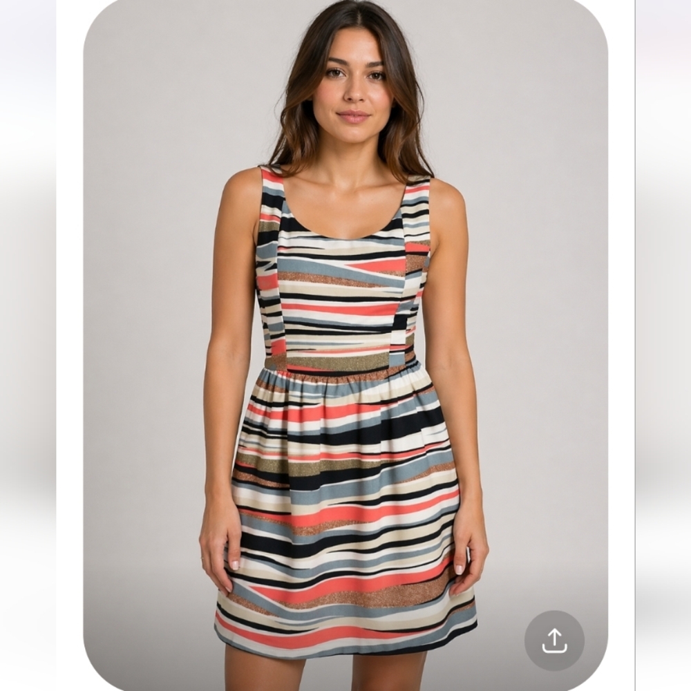 Aqua textile striped swing dress sleeveless medium
